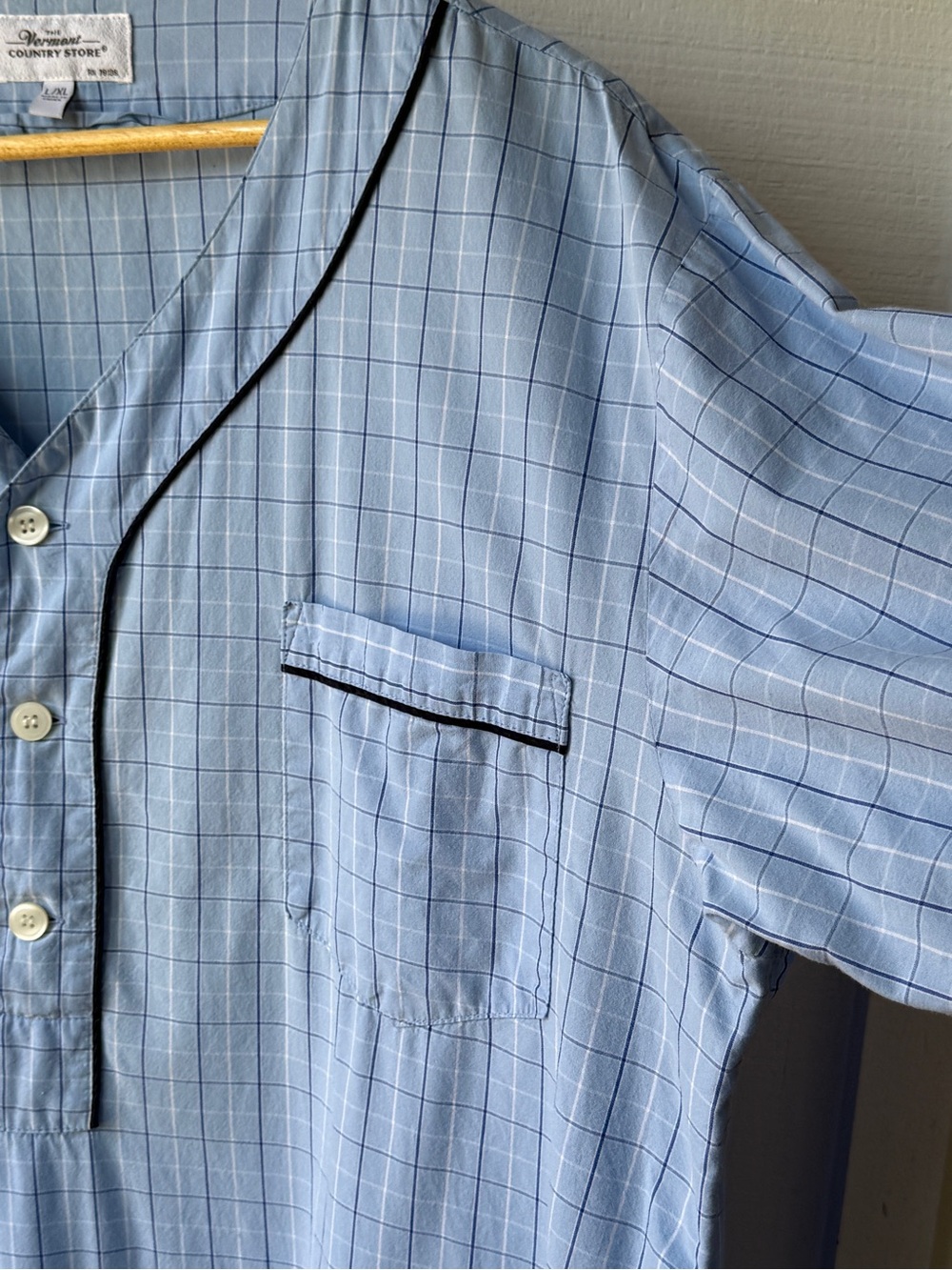 Light Blue Checked Women's Pajama Top with Black Piping - Picture 2 of 10